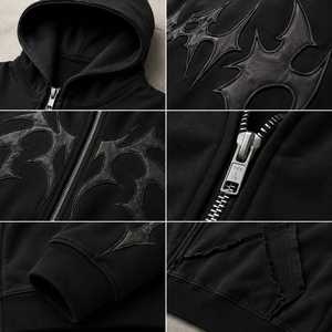 Men's Black <b>Gothic</b> Embossed Hooded Zip-Up Cotton Acid Wash Front Pocket Sweatshirt Regular Fit French Terry Regular Sleeve - Product Image 4