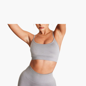 Soutien-gorge de sport côtelé sans couture pour femme, col rond, bretelles spaghetti, maintien moyen, pour yoga et activités sportives, gris - Product Image 1