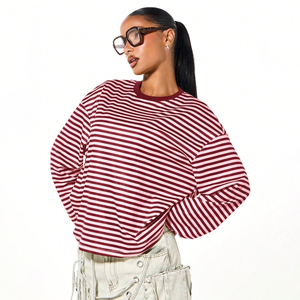 T-shirt personnalisé en denim 100 % coton écologique pour femme, col rond, style hip-hop, manches longues, coupe ample, rayé - Product Image 1