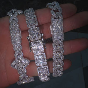 ชุดกำไลข้อมือแบบ Cuban Link ประดับเพชรทรงบาแกตต์ VVS มอยส์ซาไนต์ เงินแท้ สินค้าขายดีสุดฮิต สไตล์ฮิปฮอป หรูหรา โดดเด่น - Product Image 1