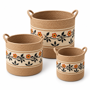 Juego de Macetas de Yute Ecológicas Personalizables con 3 Asas, Diseño Floral de Margaritas, Forma Circular, Tamaños de 8-12 Pulgadas, Decoración de Interiores - Product Image 1