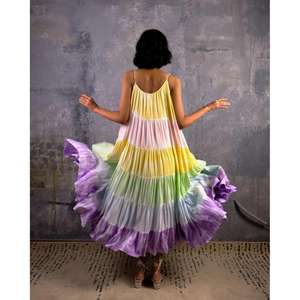 Robe longue sans manches à volants pour femme, motif color block arc-en-ciel, coupe ample, tenue d'été pour les vacances - Product Image 4