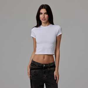 Camiseta Corta Ajustada de Algodón Acanalado Elástico para Mujer, Cuello Redondo, Manga Corta, Estilo Urbano Y2K, Moda de Verano, Venta al por Mayor - Product Image 6