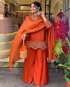 Alta calidad extrema esta temporada de boda desgaste Color naranja Faux Georgette bordado secuencia trabajo 3 piezas Salwar traje precio bajo - Product Image 3