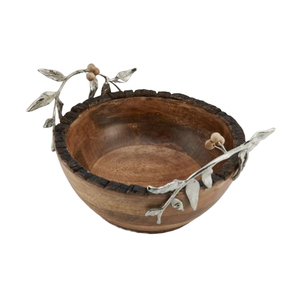Bol à salade artisanal en bois de manguier avec poignées en métal en forme de feuille, bol central en bois pour la décoration de table à la maison et au restaurant - Product Image 1