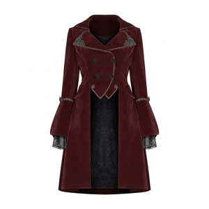 Maroon-<b>Velvet</b> Plus Size <b>Women's</b> Vintage-Trench <b>Coat</b> With Lace-Trim Lantern-Sleeve Double-Breasted Long-Outerwear Autumn Style - Product Image 1