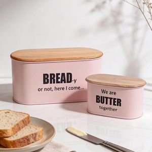Rosa Metall-Brotkasten mit Holzdeckel Stapelbare Lebensmittel-Aufbewahrungsbox für die Küche - Product Image 3