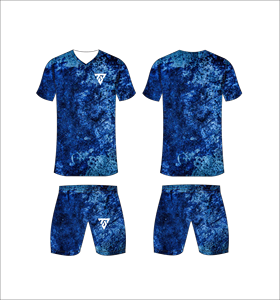 Custom Sublimated Men's Soccer Uniform Set Navy Blue Marble Print V-Neck Jersey Matching Shorts Moisture Wicking All Seasons - Product Image 1
