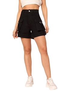 Shorts en jean pour femmes, noir uni, coupe classique, 100% coton, écologiques, taille mi-haute, ceinture, shorts vintage sexy - Product Image 2