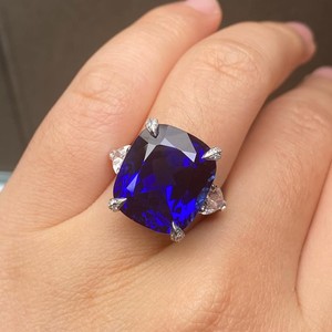 Hot 10K 14K 18K Yellow Gold Vintage Prong Set <b>Cushion</b> Cut Blue Gemstone Engagement Ring Luxury Moissanite Bridal Wedding - Product Image 1