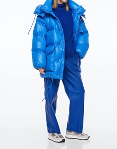 Chaqueta Acolchada Azul Sólido para Mujer, Manga Larga, Cuello Alto, Cierre de Cremallera, Abrigo de Invierno, Relleno de Poliéster, Tejido de Tela - Product Image 3