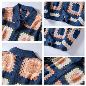 <b>Crocheted</b> Patchwork <b>Cardigan</b> Full Sleeve Button Closure Autumn Style Knit Sweater Blue Orange <b>White</b> Pattern - Product Image 6