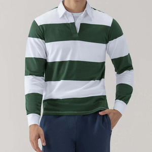 Suéter a rayas de primera calidad para hombre, camisa retro de rugby polo de manga larga para hombre, camisa de rugby de algodón tejida con logotipo personalizado para hombre - Product Image 3