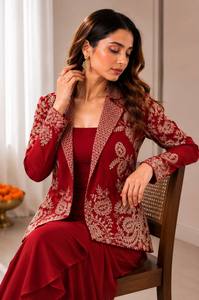 <b>Maroon</b> Satin Silk Floral Saree Blazer Set Embroidered Traditional Women Outfit Wrinkle Free Sun Protection Wedding Party - Product Image 4