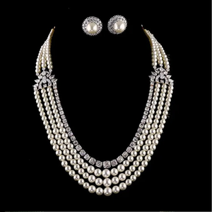 Pearls and <b>Long</b> Mala Lab Grown Diamond Pendant <b>Necklace</b> with Round & Pear Cut Gold for Wedding Engagement Party Women's India - Product Image 1