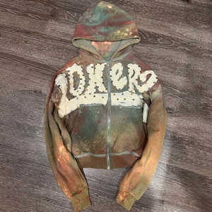 Blouson Streetwear Unisexe Joker Patchwork à Strass et Fermeture Éclair 2026 Marron Vintage Délavé Oversize Scintillant avec Cristaux HD - Product Image 6