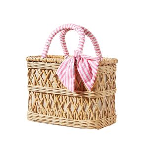 BEST SELLER Eco Friendly Blue <b>Lotus</b> Rattan Bag | Natural Woven <b>Pearl</b> Decorated Durable Clutch Purse for Summer Resort Wear - Product Image 1