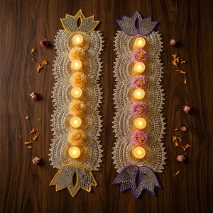 Chemin de table Diwali fait main avec mosaïque de miroirs, porte-bougie Diya floral, décoration bohème pour la maison, tissu écologique de luxe pour baptême - Product Image 6