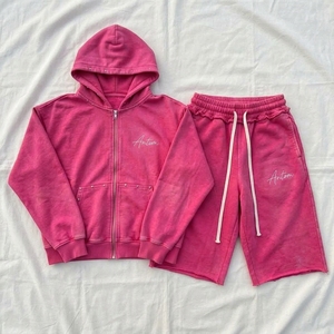 Custom Logo Unisex Heavyweight Cotton Fleece Winter Red Full <b>Zip</b> Breathable Hoodie Set Matching Long Shorts Two Piece Streetwear - Product Image 3