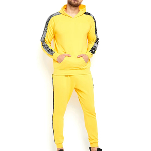 Men's Yellow Hooded Tracksuit With <b>Black</b> Bandana Side Stripes Casual Full Length Sweatshirt And Pants Set Autumn Wear - Product Image 2
