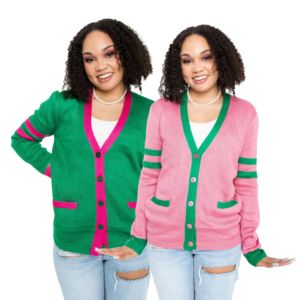 Cárdigan Bordado AKA para Mujer, Suéter de Punto con Botones Delanteros, Ribete Rosa y Verde, Ligero, Elegante, Ropa Griega para Hermandades - Product Image 1