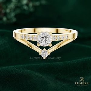Designer Gold Engagement <b>Ring</b> With Round Brilliant Center Lab Grown Diamond, Pave Shoulders And Unique Angular <b>Split</b> Shank <b>Ring</b> - Product Image 3