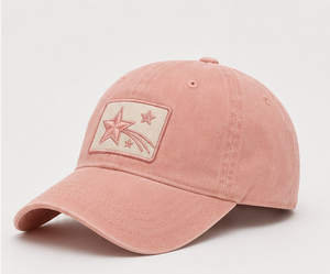 Casquette de baseball brodée en gros, 6 panneaux, non structurée, en coton lavé, haute qualité, style vintage, étoile, profil bas, rose - Product Image 2
