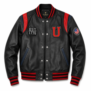 Chaqueta Varsity de Cuero Negro Liberte USA para Hombre, Ecológica, Antibacteriana, Cuello Alto, Cierre de Cremallera, Resistente al Viento, Estilo Casual - Product Image 1