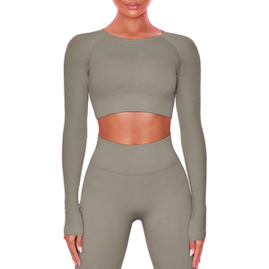 Ensemble de yoga bleu 2 pièces : haut court à col rond et manches longues, short taille haute, couleur unie, en Spandex et Polyester respirant - Product Image 6