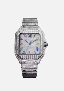 Reloj analógico rectangular de acero inoxidable con incrustaciones de diamantes de lujo, con esfera de números romanos coloridos, reloj de cuarzo para mujer - Product Image 1