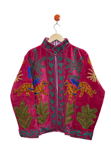 Eco-Friendly Suzani <b>Velvet</b> <b>Jacket</b> Pink <b>Velvet</b> Handmade Boho Floral Embroidery Indian Statement Breathable High <b>Women</b> Coat - Product Image 1