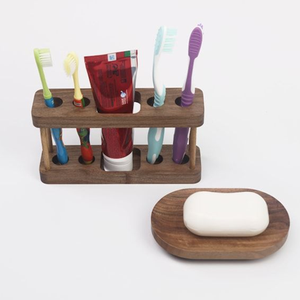 Dark Solid Wood Toothbrush and <b>Toothpaste</b> Rack <b>Holder</b> in Classic Style Modern Bathroom Accessories - Product Image 2
