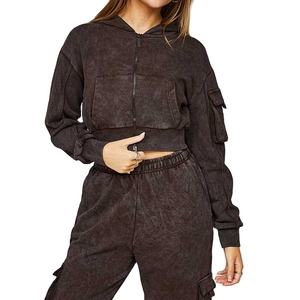 Ensemble de survêtement pour femme en coton délavé à l'acide, pantalon de jogging slim et haut à manches longues, longueur courte, collection 2026 - Product Image 2