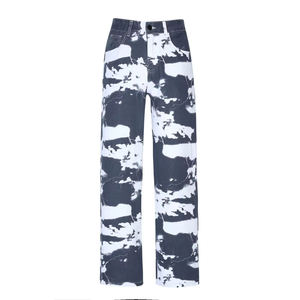 Jeans déchirés effet vieilli avec patchs personnalisés, coupe ample droite et baggy, style Hip Hop Streetwear, effet empilé, denim délavé vintage - Product Image 1