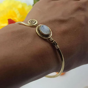 Rainbow <b>Moonstone</b> Spiral Brass Bangle-Handmade Adjustable Open Cuff <b>Bracelet</b> for Women-Artisan Boho Jewelry Gift Rhodium Plated - Product Image 3