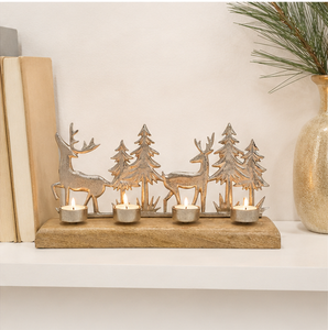 Portavelas de Aluminio Plateado Hecho a Mano con Forma de Reno y Árbol de Navidad, Base de Madera de Mango Natural, Soporte para 4 Velas de Té, para Decoración Festiva - Product Image 6