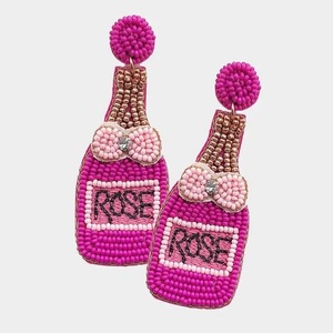 Boucles d'oreilles clous Ziyan faites à la main, perles et pompons roses, motif bouteille de vin, classiques, mignonnes, bijoux de mariage pour femmes - Product Image 1