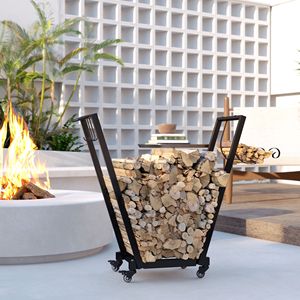 Black Metal Firewood Rack with Wheels 31.1\" X 11.8\" X 31.9\" Indoor/Outdoor <b>Log</b> <b>Holder</b> with Kindling Tool Hooks Women's Coats - Product Image 2