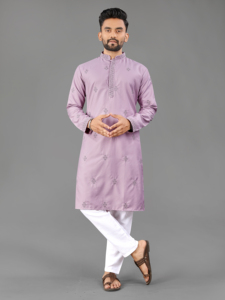 Kurta de Seda Lavanda para Hombre con Bordado, Corte Regular, Largo hasta la Rodilla, Estilo Tradicional Indio Pakistaní, para Fiestas, Bodas y Uso Casual - Product Image 1