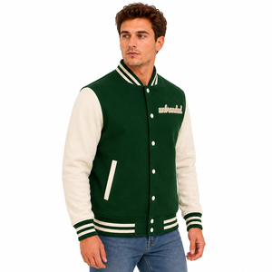 Unbranded Unisex Green Varsity <b>Jacket</b> Breathable 300g <b>Fleece</b> <b>Lined</b> Casual Winter Wear Regular Fit Stand Collar - Product Image 3