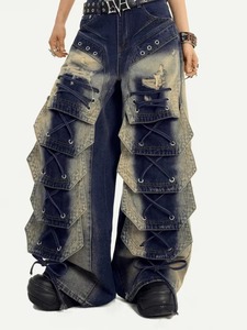 Jean en denim gothique pour homme, coupe ample, jambe large, doublé polaire, délavé, respirant, poids moyen, chaud pour l'hiver, vente en gros - Product Image 3