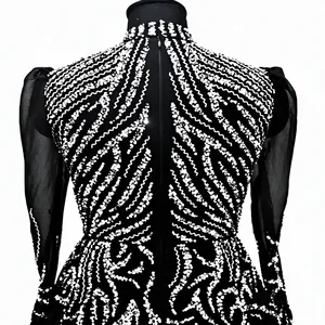 Robe de soirée élégante à col haut, perlée, coupe trapèze, longueur mi-mollet, avec tissu en tulle transparent - Product Image 6