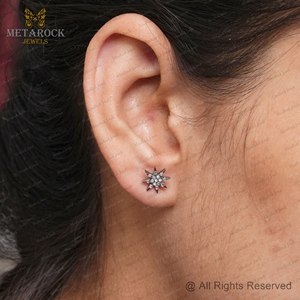 Natural Champagne Diamond Oxidized 925 <b>Silver</b> Push Back Minimalist Star <b>Stud</b> Earrings Unisex Fine Jewelry - Product Image 5