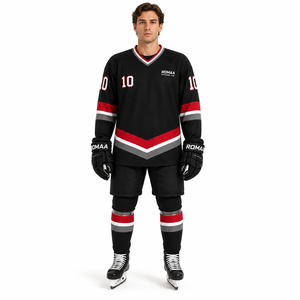 Camiseta de Hockey sobre Hielo Personalizada para Hombre, Sublimada, en Negro, Rojo, Blanco y Gris, con Cuello en V, Uniforme de Equipo con Nombre y Número de Jugador Personalizados - Product Image 5