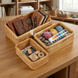 Ensemble de plateaux en rotin, plateaux gigognes tressés, organisateur de rangement de luxe pour la salle de bain, la cuisine et la décoration de bureau - Product Image 4