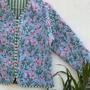 <b>Women</b> Quilted Cotton <b>Jacket</b> Floral Print V Neck Three Quarter Sleeve <b>Spring</b> Outerwear Contrast Trim - Product Image 4