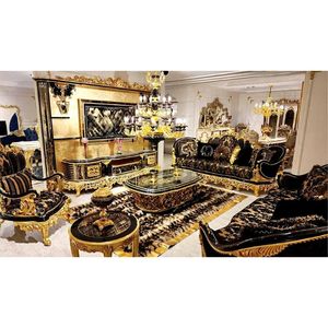 Juego de Sofás de Madera de Teca Sólida Royal, Lujoso Sofá de 7 Plazas Negro y Dorado con Tallados Italianos Barrocos, Mesa de Centro para Sala de Estar - Product Image 1