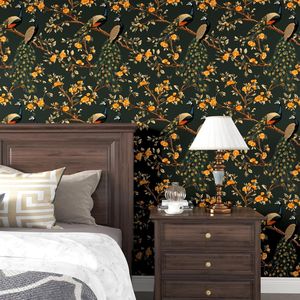 Papel Tapiz Floral Vintage Verde Oscuro con Diseño de Pavo Real, 17.5'' x 118'', Papel Tapiz Autoadhesivo con Flores Botánicas - Product Image 5