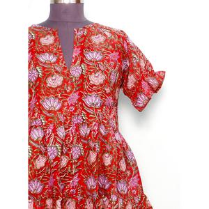 Women's Sweet Mini Casual Lace Up Cotton Short <b>Dresses</b> Hand Block Printed Design A-Line Cute Pockets Simple Everyday Wear - Product Image 2