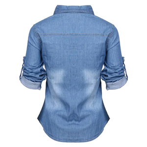 New Design Vintage Summer Women Blue Denim Shirts Polyester Long Sleeve Button Lapel Outwear Regular Fit Solid <b>Top</b> - Product Image 3